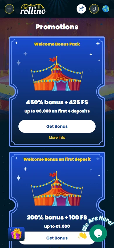 Rollino Casino promotions area on a mobile browser