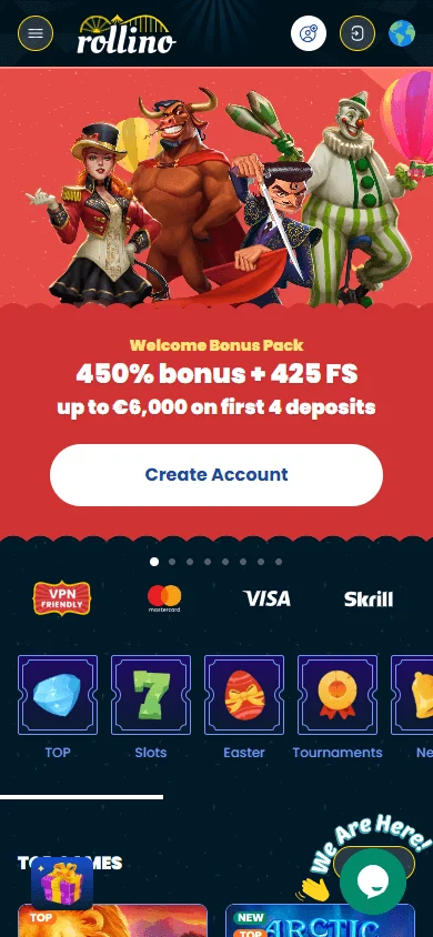 Rollino Casino home page on a mobile browser