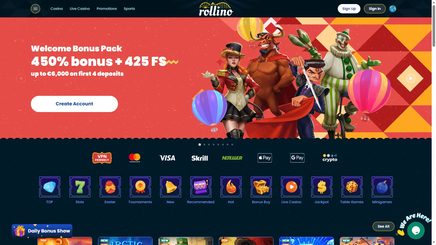 Rollino Casino home page on a desktop browser