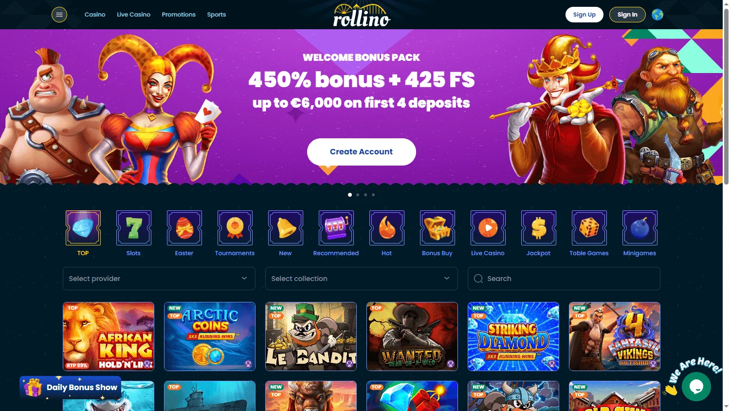 Rollino Casino games area on a desktop browser
