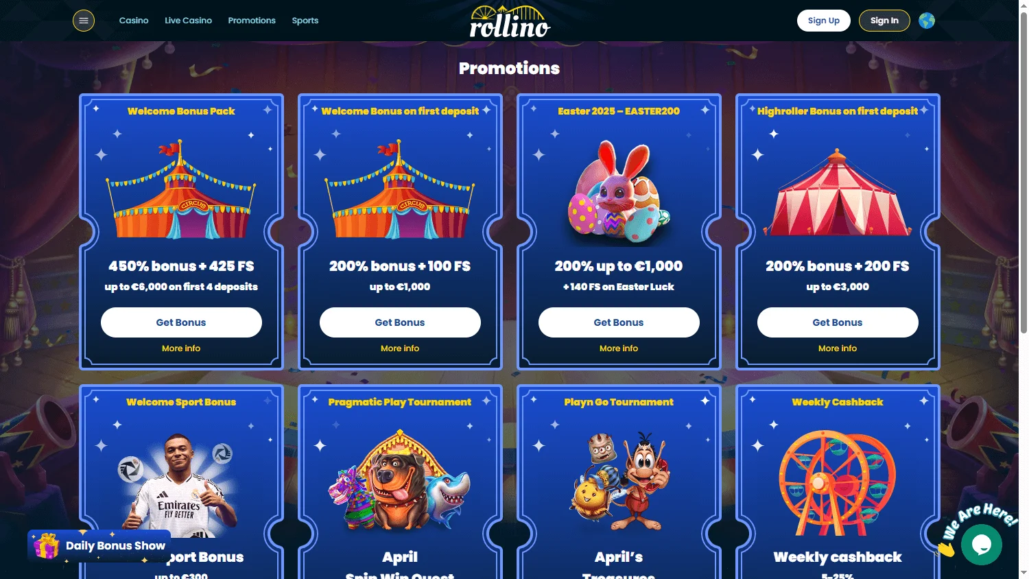 Rollino Casino promotions area on a desktop browser
