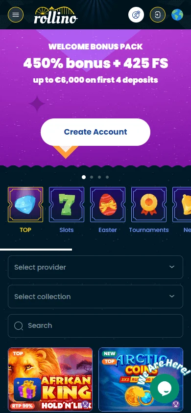 Rollino Casino games area on a mobile browser